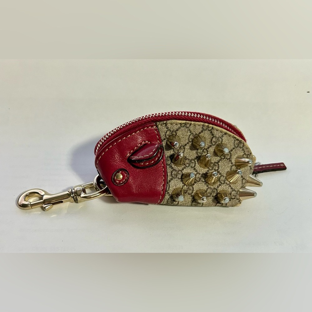 Gucci Red and Beige Coin Purse and Keychain with Studs Authentic